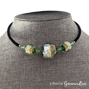 Green & Gold Foil Glass Beads Black Velvet Wire Wrap Choker Necklace